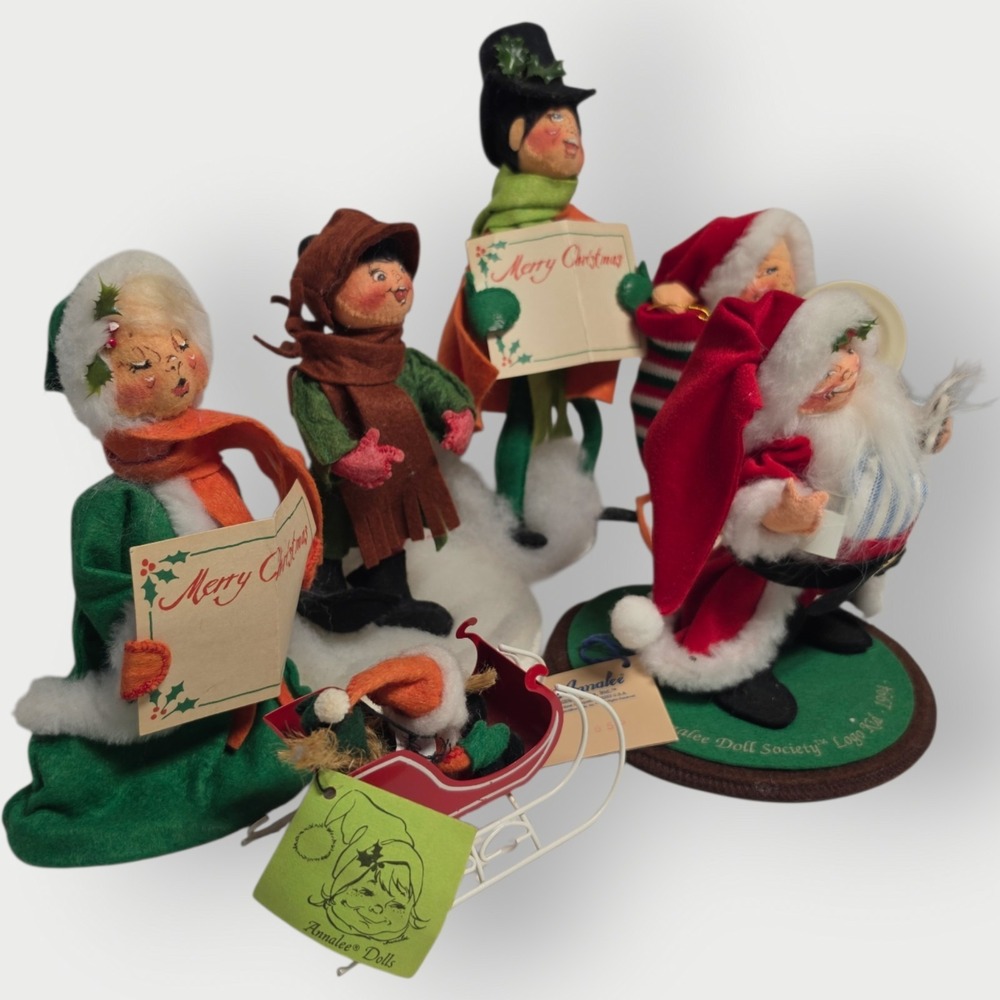 Vintage Annalee Christmas Dolls Santa Carolers Sleigh 1985 1994 Tags LOT OF 6